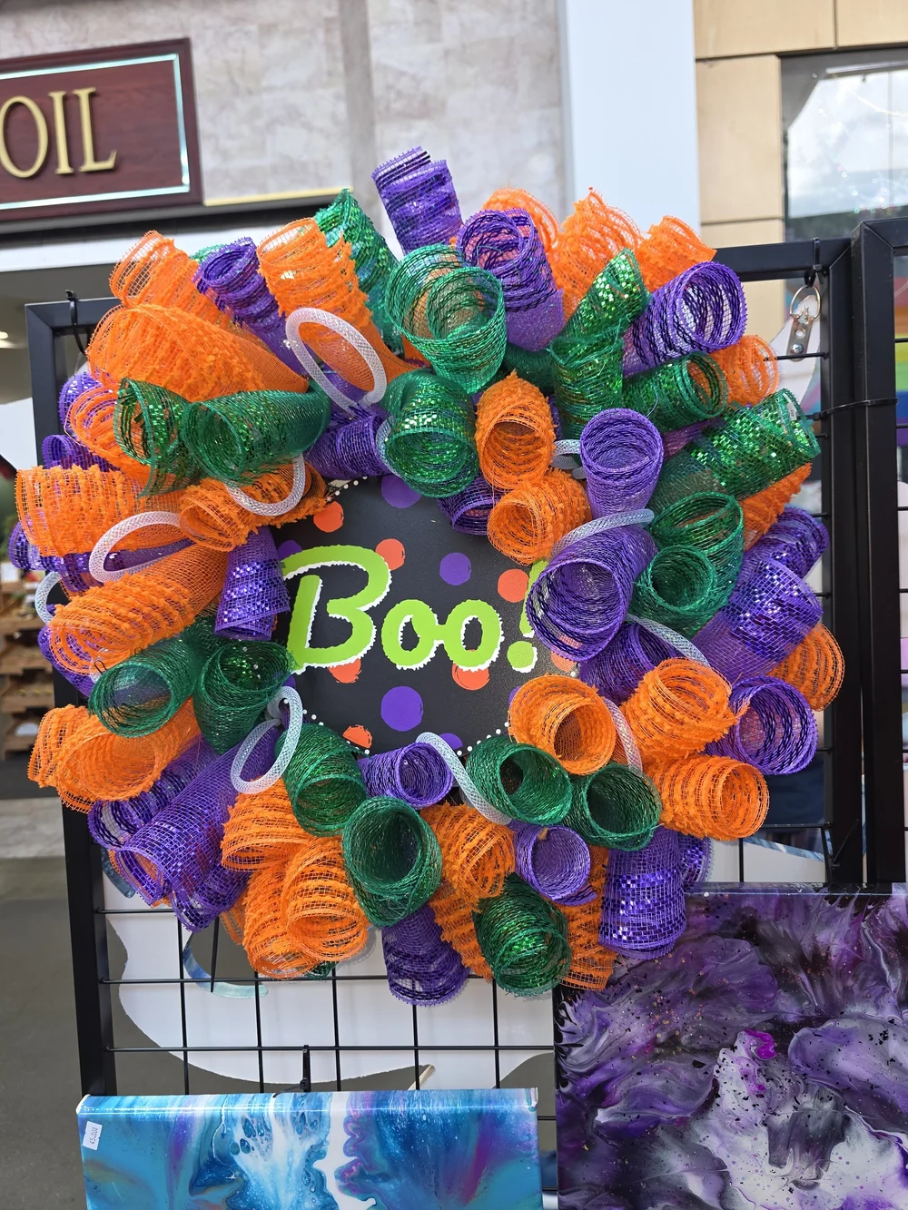 Halloween 'Boo!' Decorative Mesh Wreath in Orange, Green & Purple